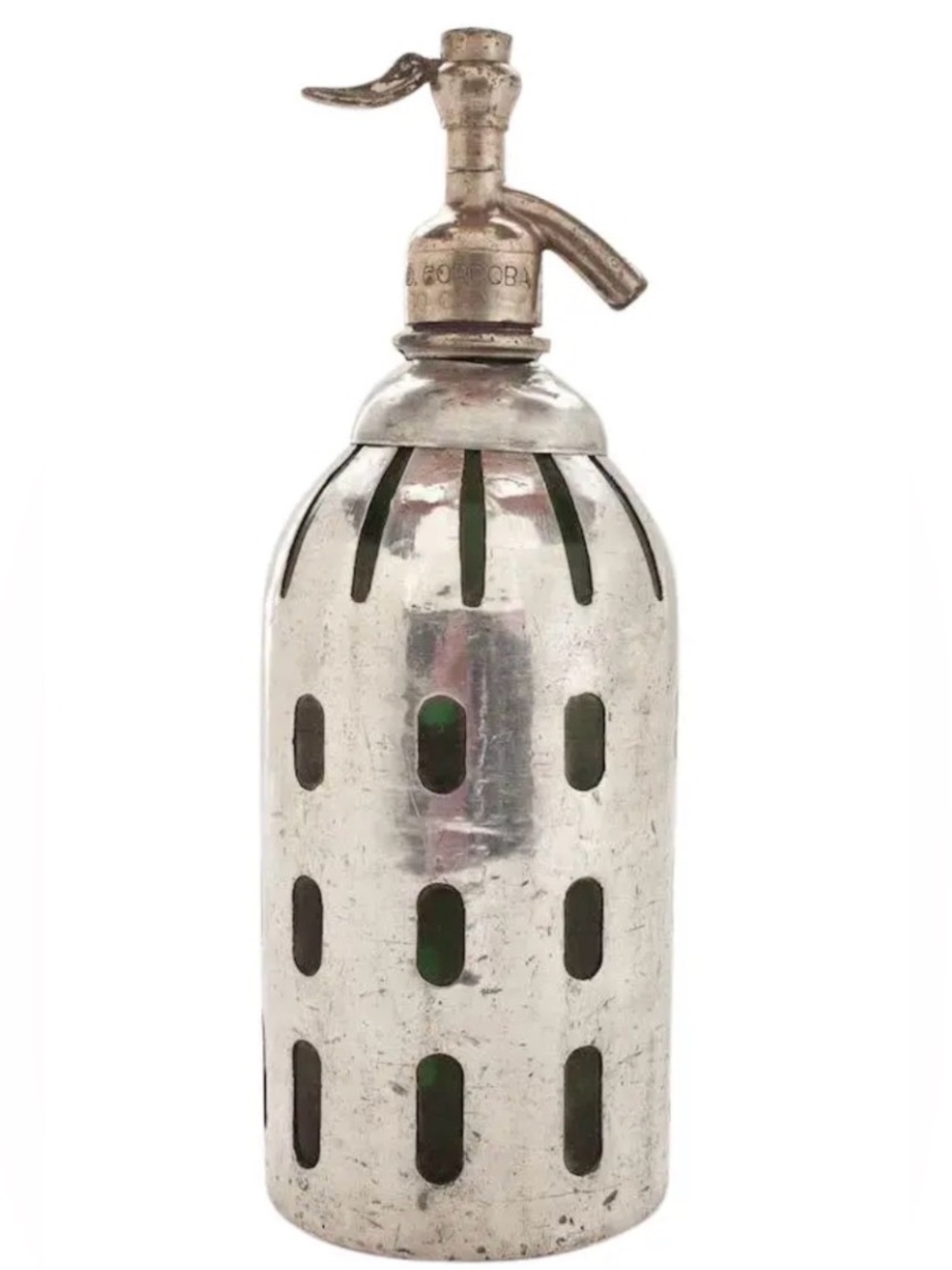 Vintage Silver-Tone Seltzer Bottle with Glass Insert / 1930’s-1940’s / Art Deco